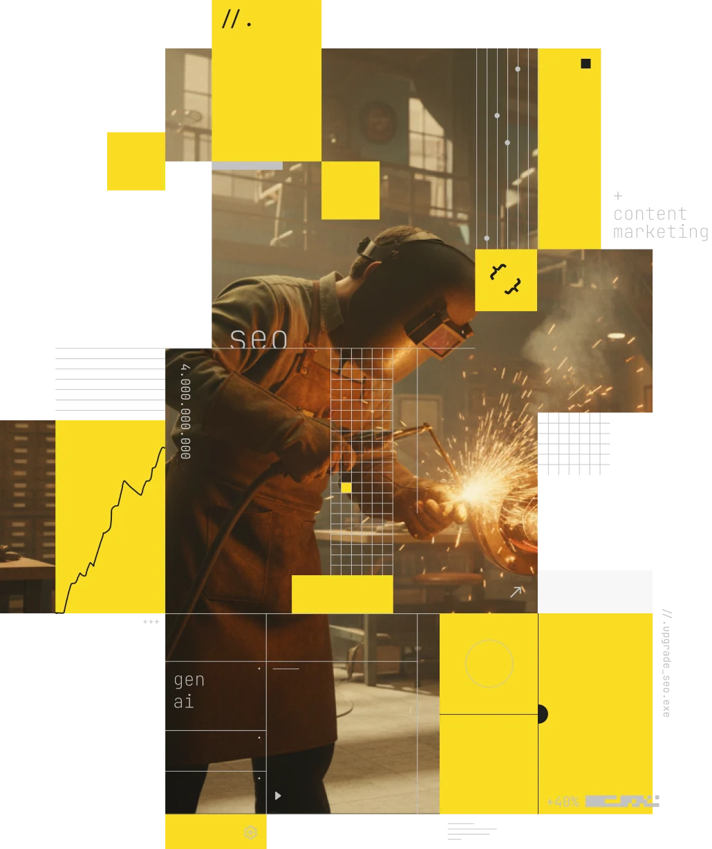 Collage of a welder at work surrounded by SEO and generative AI data blocks