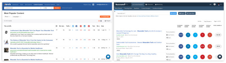 Content research on “wearable tech” - Ahrefs (left) or Buzzsumo (right)