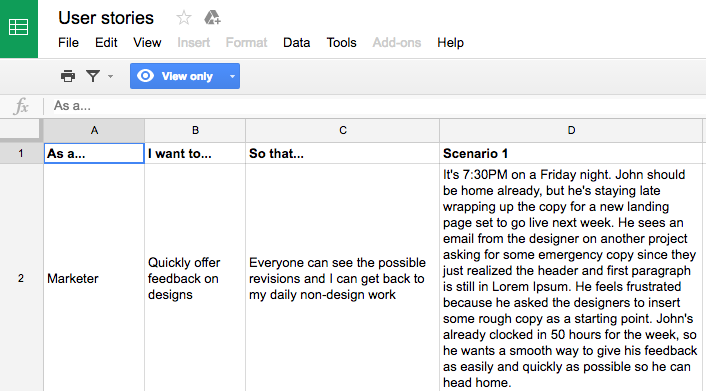 Screenshot of user stories and user scenarios written in Google Sheets.
