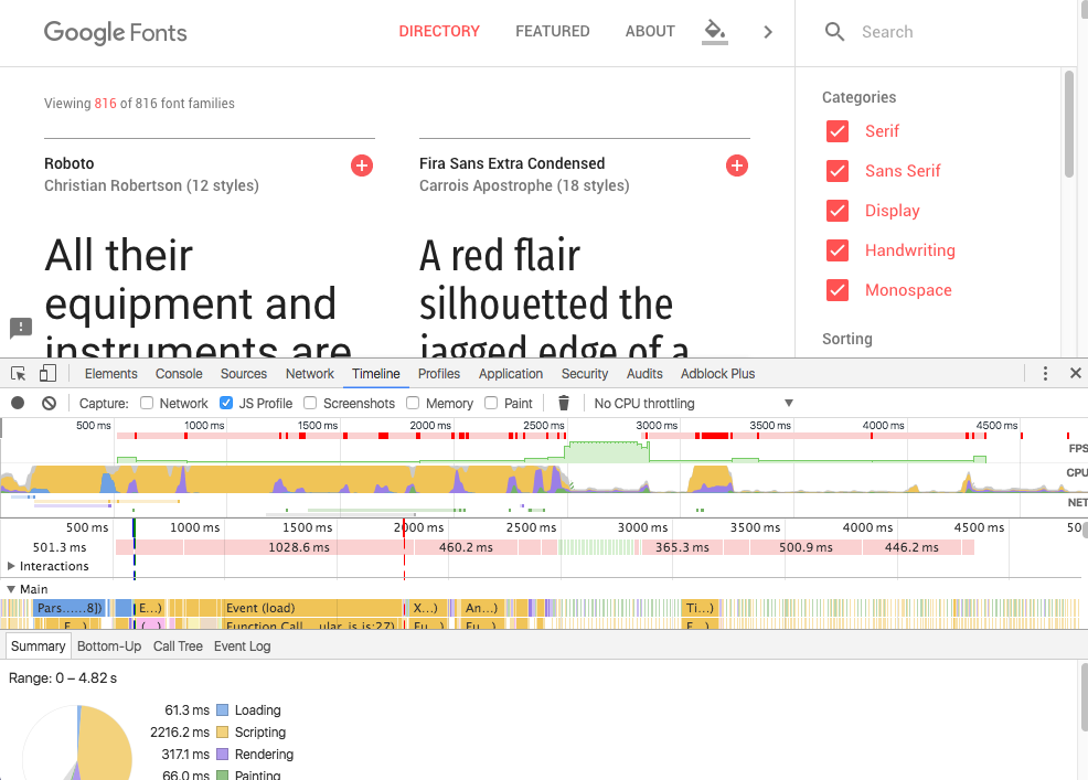 Screenshot of site runtime performance inspect in Chrome DevTools.