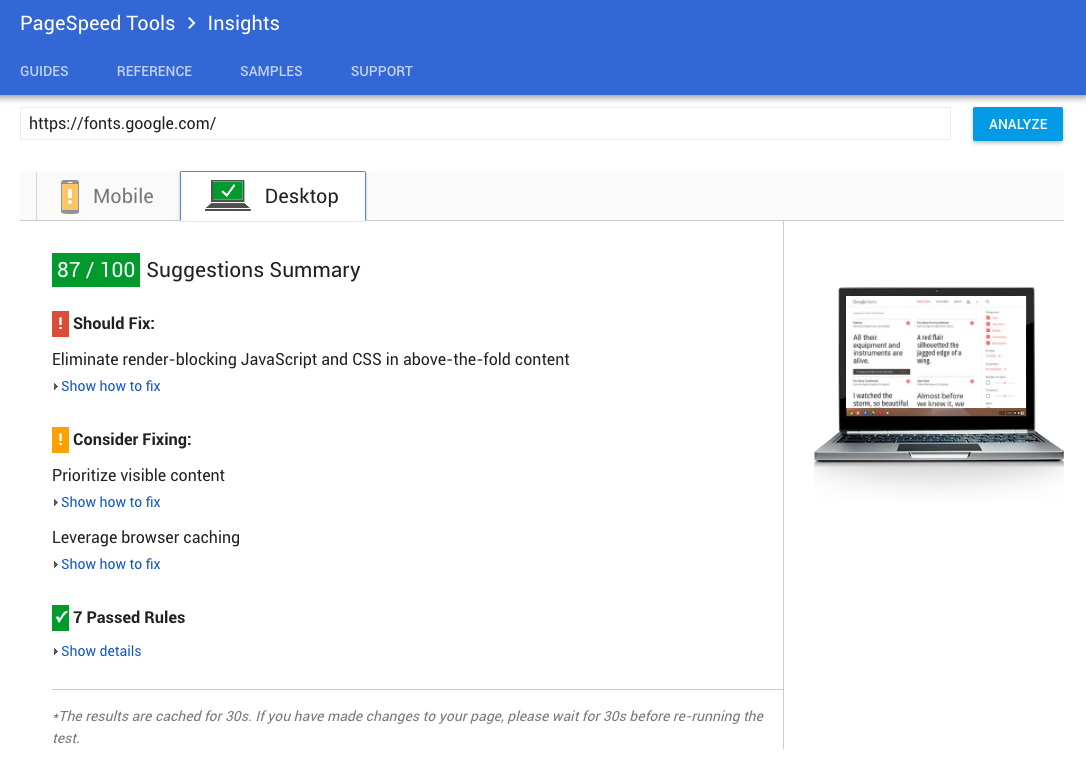 Screenshot of Google Fonts site speed analyze in PageSpeed Insights.