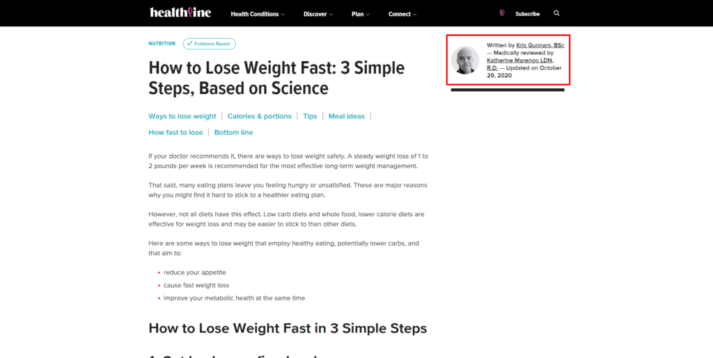 Landing page from Healthline for How to lose weight