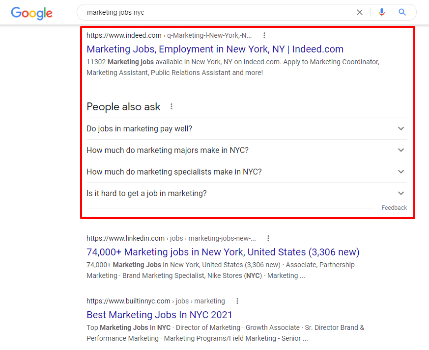 Indeed at the top of search result for marketing jobs NYC