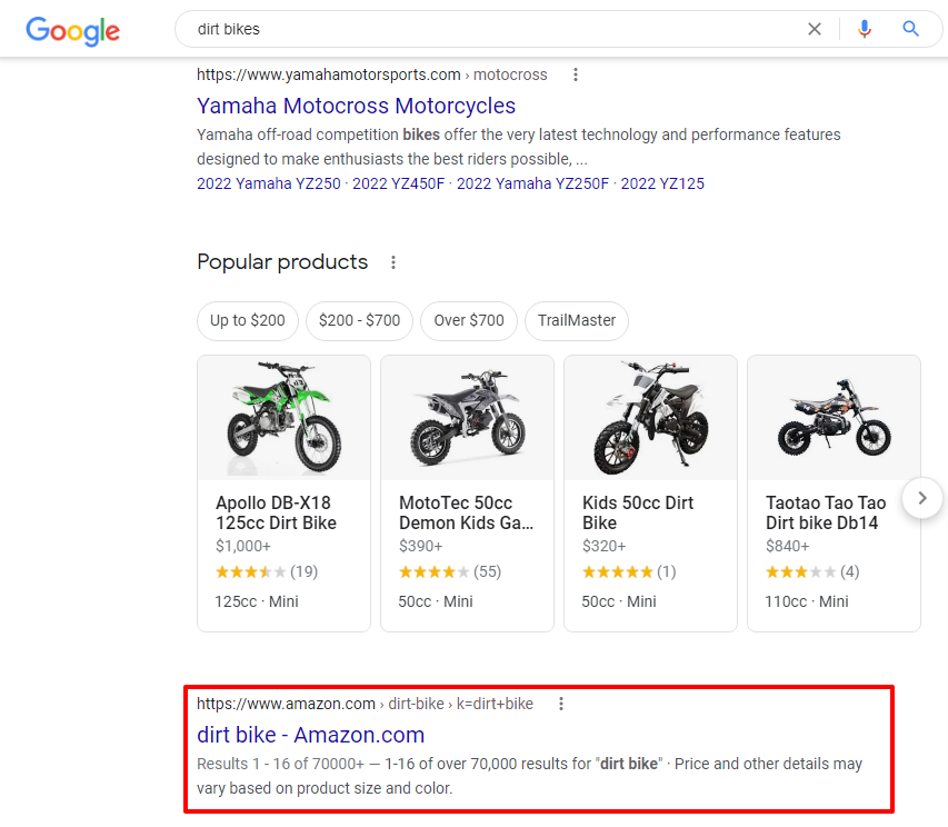 Google search for Dirt Bike with Amazon result highlighted