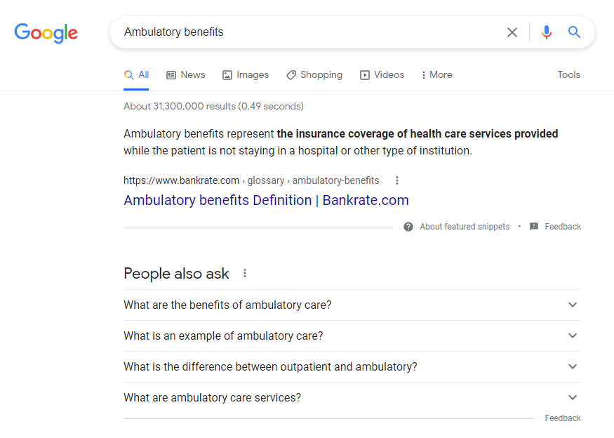 Google search for Ambulatory Benefits with Bankrate's featured snippet.