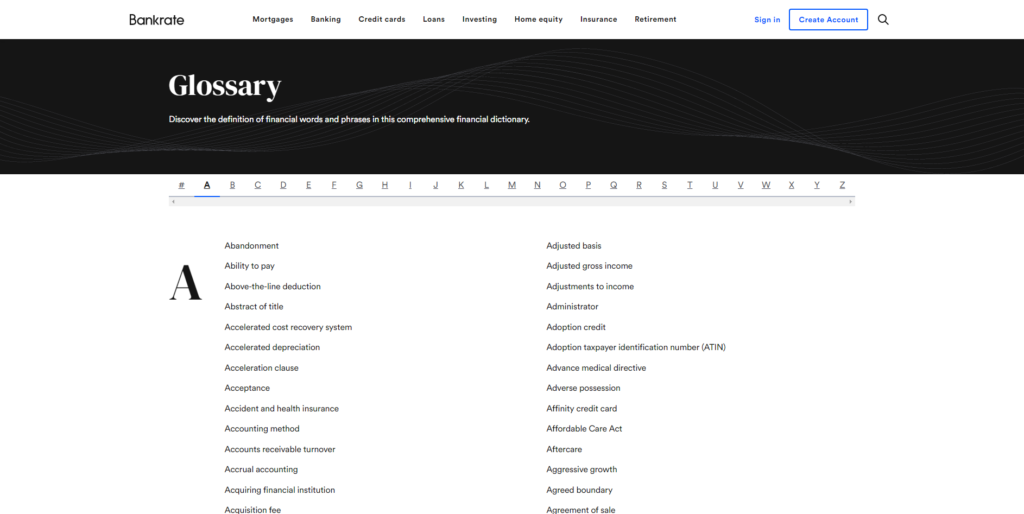 Bankrate's glossary page