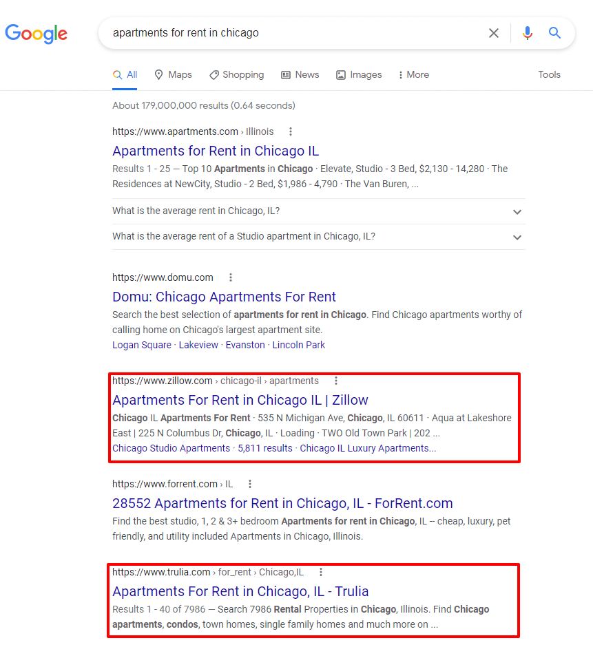 Google search for apartments in chicago with Zillow and Trulia highlighted