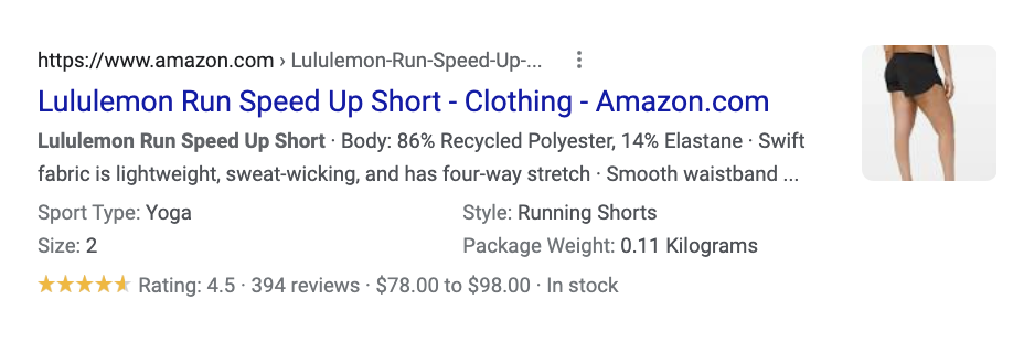 Rich Snippet search result for Lululemon Run Speed Up Short on Amazon