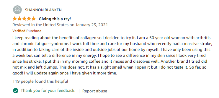 Example of a 5 star review as social proof.