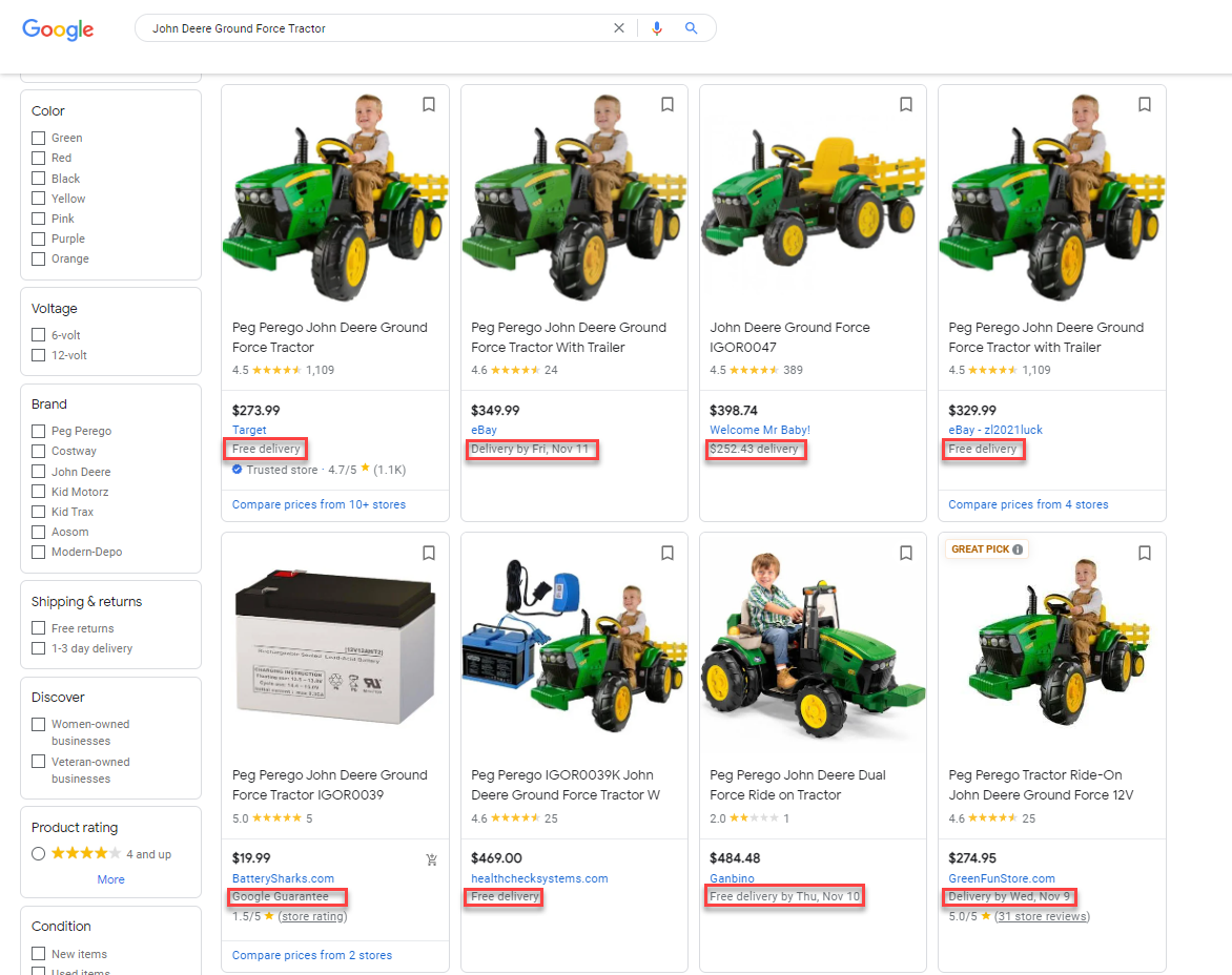 Google shopping tab screenshot of search results with shipping price.