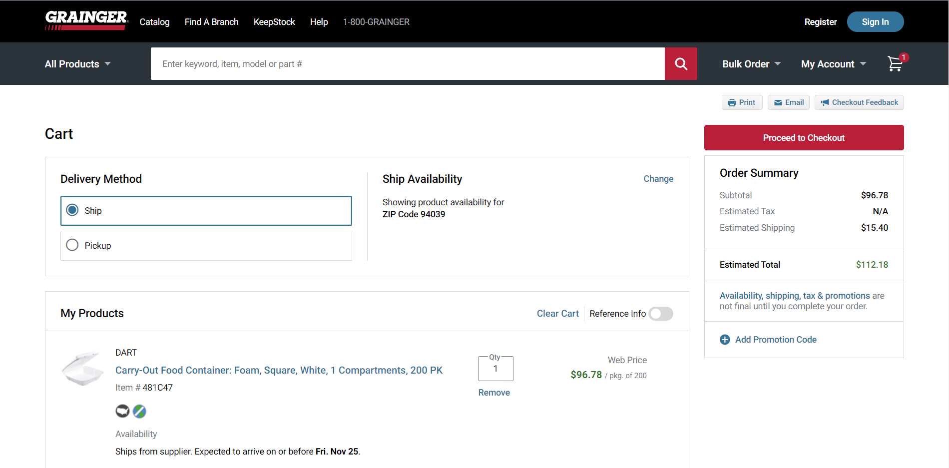 Screenshot of Grainger website cart that shows a different price from the rich enhancement on the search result.