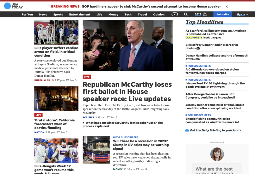 USA Today homepage screenshot