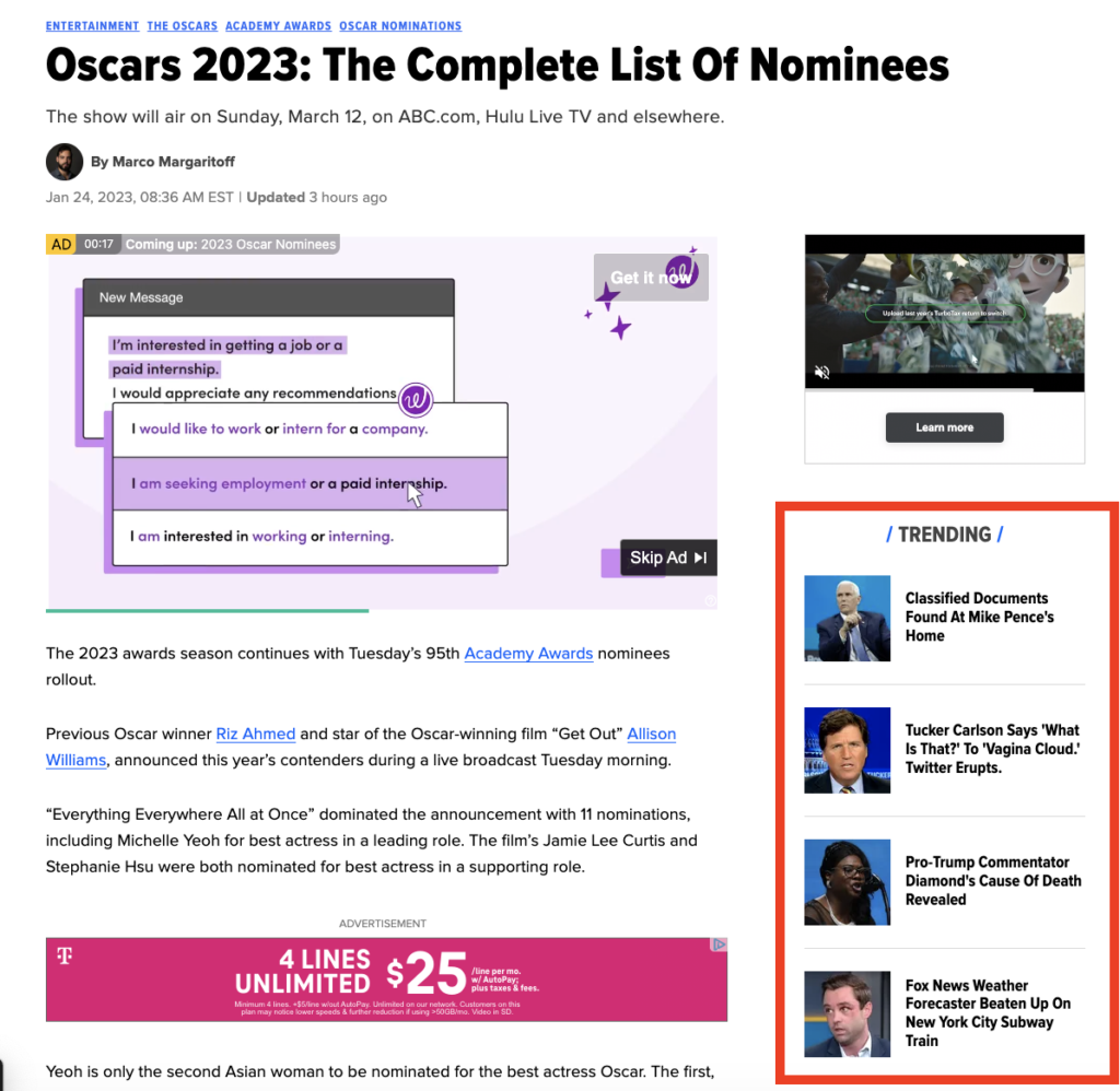 Huffington Post article. Highlighted sidebar list of trending articles.