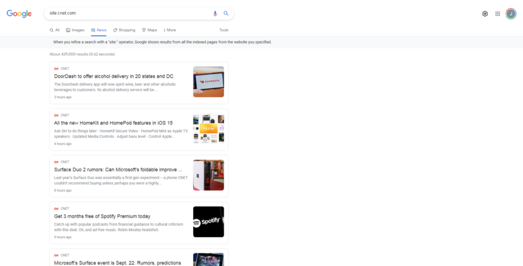 Screenshot of search results for all of CNET