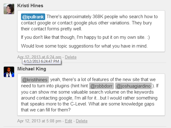 screenshot of conversation between Kristi Hines and Mike King about search volume for contacting google.