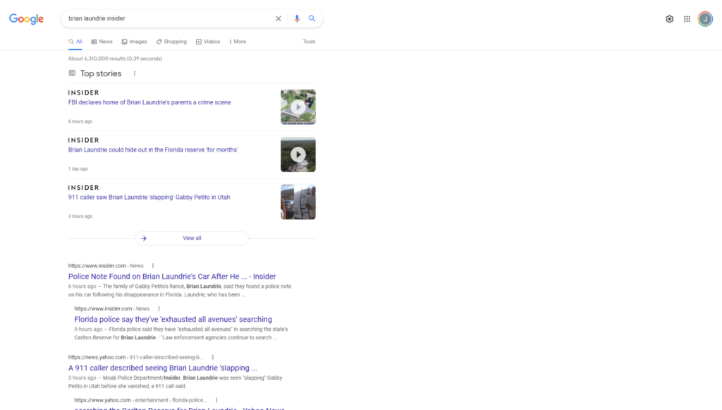 screenshot of google search results for brian laundrie insider