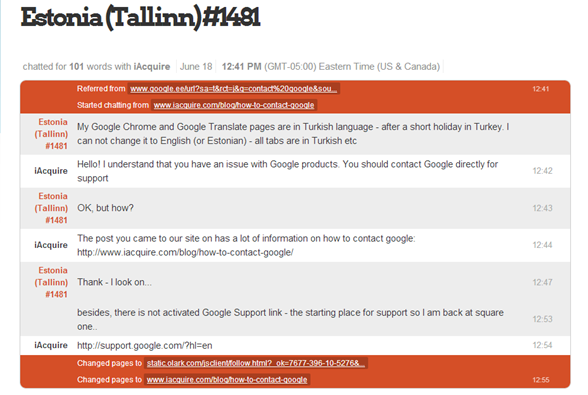 screenshot of a conversation from iacquire about contacting google