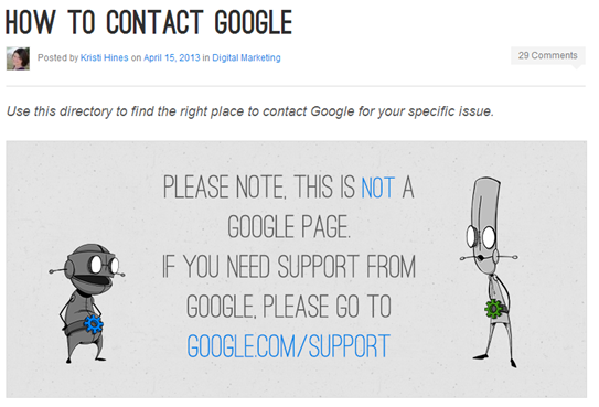 screenshot of how to contact google blog post