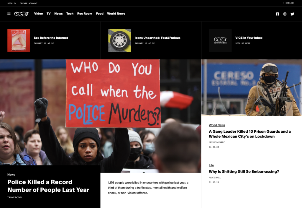 screenshot of Vice Media homepage