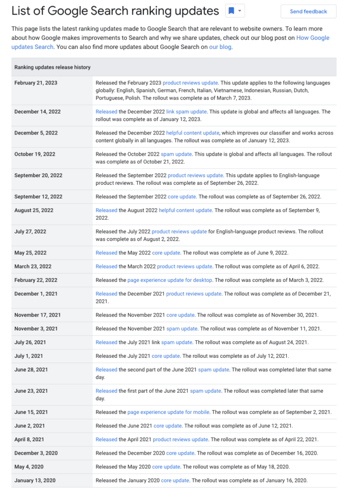 screenshot of Google's documented list of core and system updates.