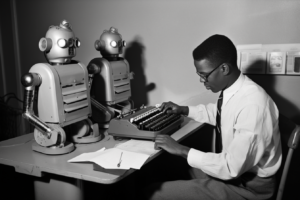 Man on typewriter in 50s magazine style for robots.txt feature image blog post