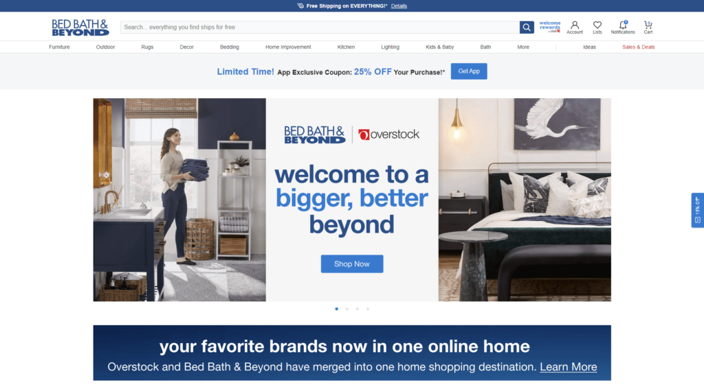 screenshot of the new bedbathandbeyond homepage