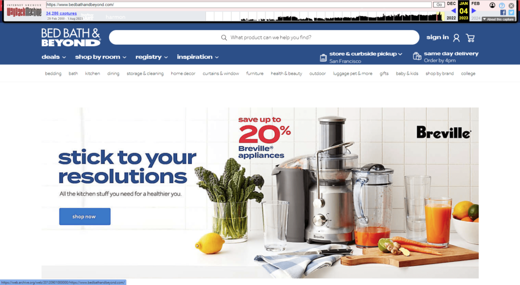 screenshot of bedbathandbeyond homepage old version