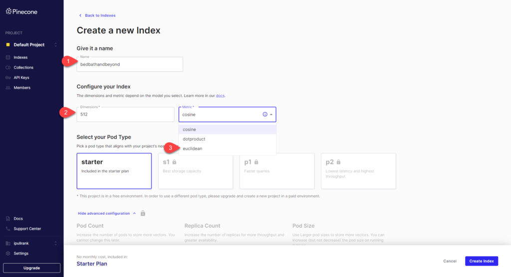 screenshot of the Pinecone create index UI