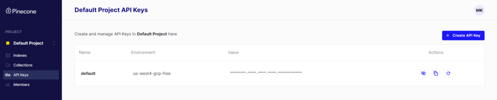 Screenshot of Pinecone project api keys UI