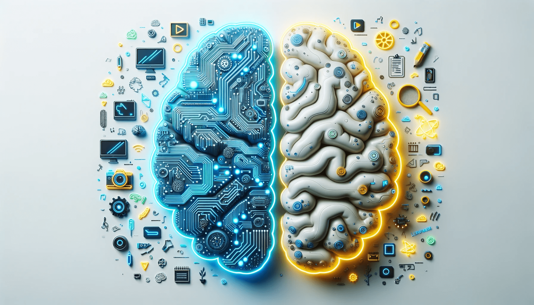 A digital illustration of a brain split in half representing tech and creativity