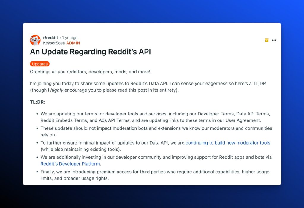 A screenshot of a post on reddit about how they were increasing the pricing of their API