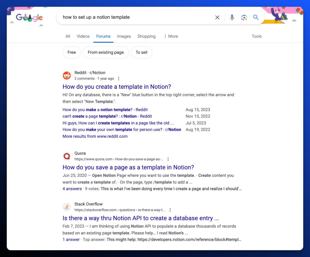 Screenshot for Google search results when the Forums filter is clicked