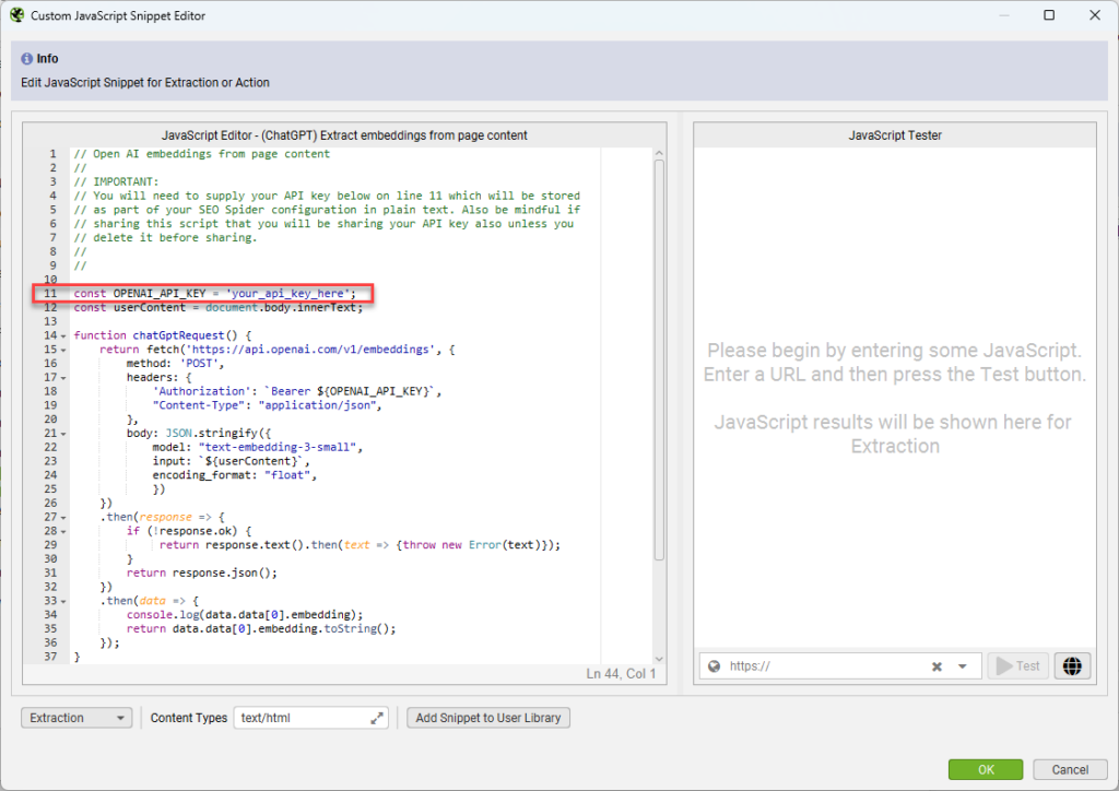 Screaming Frog - Custom JavaScript Snippet Editor - OpenAI API Key