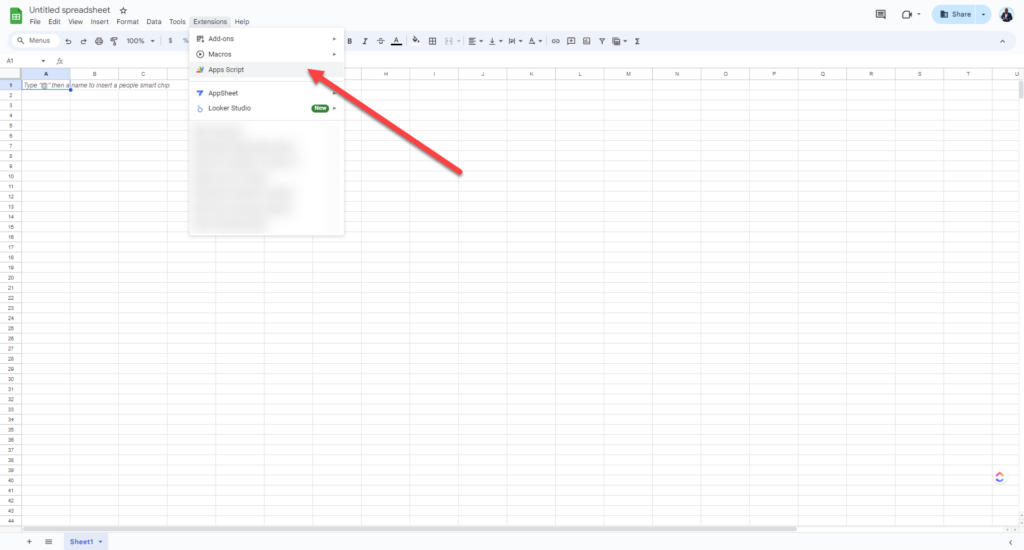 Screenshot with an arrow showing how to open up the Apps Script Editor in Google Sheets