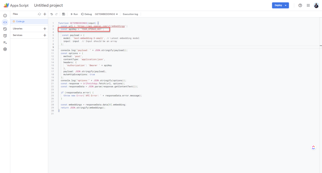 Screenshot of Apps Script where to paste OpenAI API key