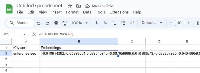 screenshot of google sheet getembeddings function cell