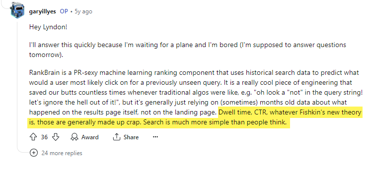 The image is a screenshot of a Reddit post by Gary Illyes, identified by the username "garyillyes," responding to a user named Lyndon. The post is part of a thread with 36 upvotes, an award, and 24 more replies. The text of the post is as follows: garyillyes OP • 5y ago Hey Lyndon! I'll answer this quickly because I'm waiting for a plane and I'm bored (I'm supposed to answer questions tomorrow). RankBrain is a PR-sexy machine learning ranking component that uses historical search data to predict what would a user most likely click on for a previously unseen query. It is a really cool piece of engineering that saved our butts countless times whenever traditional algos were like, e.g. "oh look a 'not' in the query string! let's ignore the hell out of it!", but it's generally just relying on (sometimes) months old data about what happened on the results page itself, not on the landing page. Dwell time, CTR, whatever Fishkin's new theory is, those are generally made up crap. Search is much more simple than people think. The portion of the text, "Dwell time, CTR, whatever Fishkin's new theory is, those are generally made up crap. Search is much more simple than people think," is highlighted in yellow.