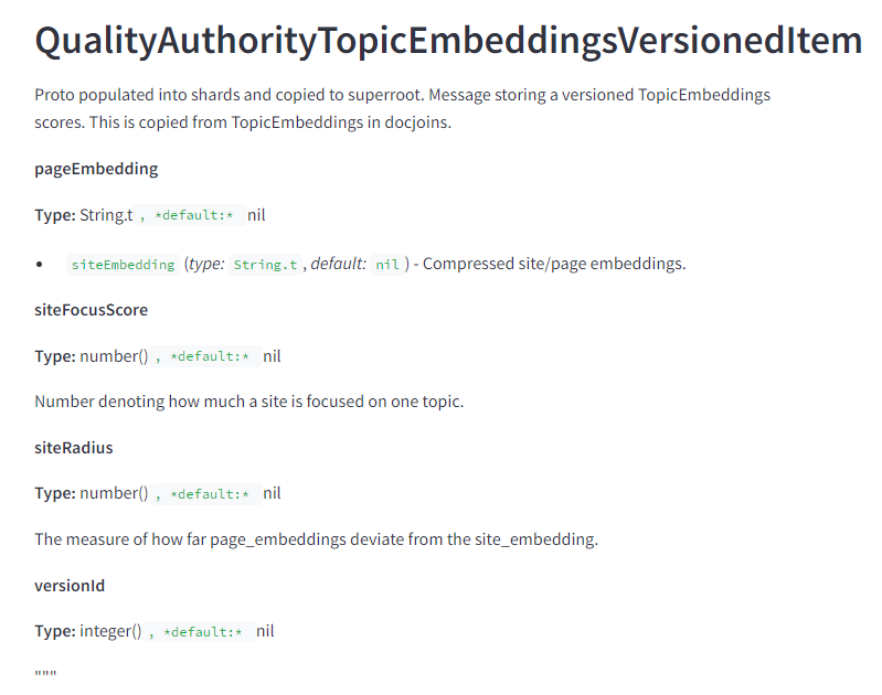 The image displays a section from a technical documentation page. It includes the following elements and text: QualityAuthorityTopicEmbeddingsVersionedItem Proto populated into shards and copied to superroot. Message storing a versioned TopicEmbeddings scores. This is copied from TopicEmbeddings in docjoins. pageEmbedding Type: String.t, default: nil siteEmbedding (type: String.t, default: nil) - Compressed site/page embeddings. siteFocusScore Type: number(), default: nil Number denoting how much a site is focused on one topic. siteRadius Type: number(), default: nil The measure of how far page_embeddings deviate from the site_embedding. versionId Type: integer(), default: nil