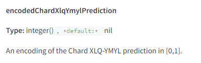 The image displays a section from a technical documentation page. It includes the following elements and text: encodedChardXlqYmylPrediction Type: integer(), default: nil An encoding of the Chard XLQ-YMYL prediction in [0,1].