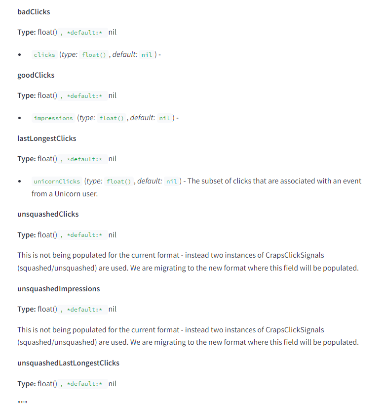 The image contains technical documentation describing several attributes related to clicks. Each attribute is detailed with its type and default value. The text is as follows: badClicks Type: float(), default: nil clicks (type: float(), default: nil) - goodClicks Type: float(), default: nil impressions (type: float(), default: nil) - lastLongestClicks Type: float(), default: nil unicornClicks (type: float(), default: nil) - The subset of clicks that are associated with an event from a Unicorn user. unsquashedClicks Type: float(), default: nil This is not being populated for the current format - instead, two instances of CrapsClickSignals (squashed/unsquashed) are used. We are migrating to the new format where this field will be populated. unsquashedImpressions Type: float(), default: nil This is not being populated for the current format - instead, two instances of CrapsClickSignals (squashed/unsquashed) are used. We are migrating to the new format where this field will be populated. unsquashedLastLongestClicks Type: float(), default: nil This is not being populated for the current format - instead, two instances of CrapsClickSignals (squashed/unsquashed) are used. We are migrating to the new format where this field will be populated.