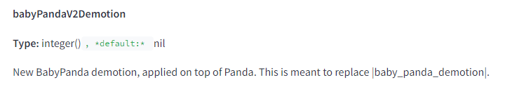 The image displays a section from a technical documentation page. It includes the following elements and text: babyPandaV2Demotion Type: integer(), default: nil New BabyPanda demotion, applied on top of Panda. This is meant to replace |baby_panda_demotion|.