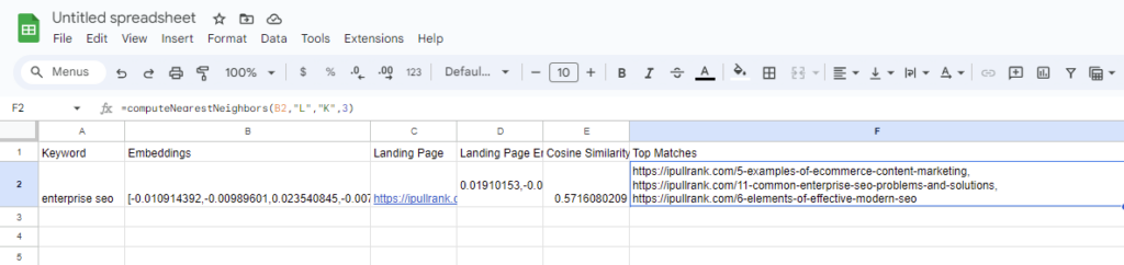 Google Sheets screenshot of k-nearest neighbors top 3 example