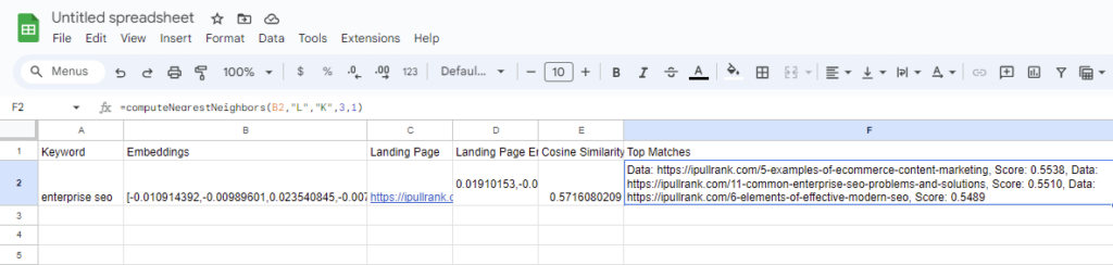 Screenshot of Google Sheet with top 3 matches of k-nearest neighbor with cosine similarity score