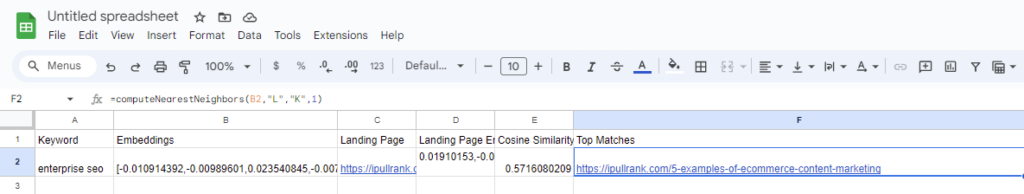 Screenshot of Google Sheets with k-nearest neighbor top match example