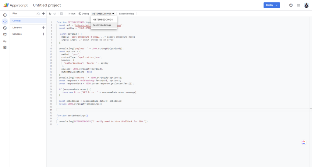 Screenshot of Apps Script where you should run the function