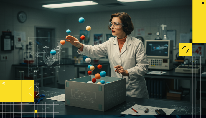 A retro yet futuristic female scientist engineer in a retro laboratory reaching into a 3D box model with blueprint graphics filled with different color floating spheres spaced out. The style should feel like a Wes Anderson movie scene, including a collage style into the overall layout. The image should have high saturation and cinematic lighting, as if shot by a RED 4K camera. The tone should be bright, hopeful, warm, and optimistic.
