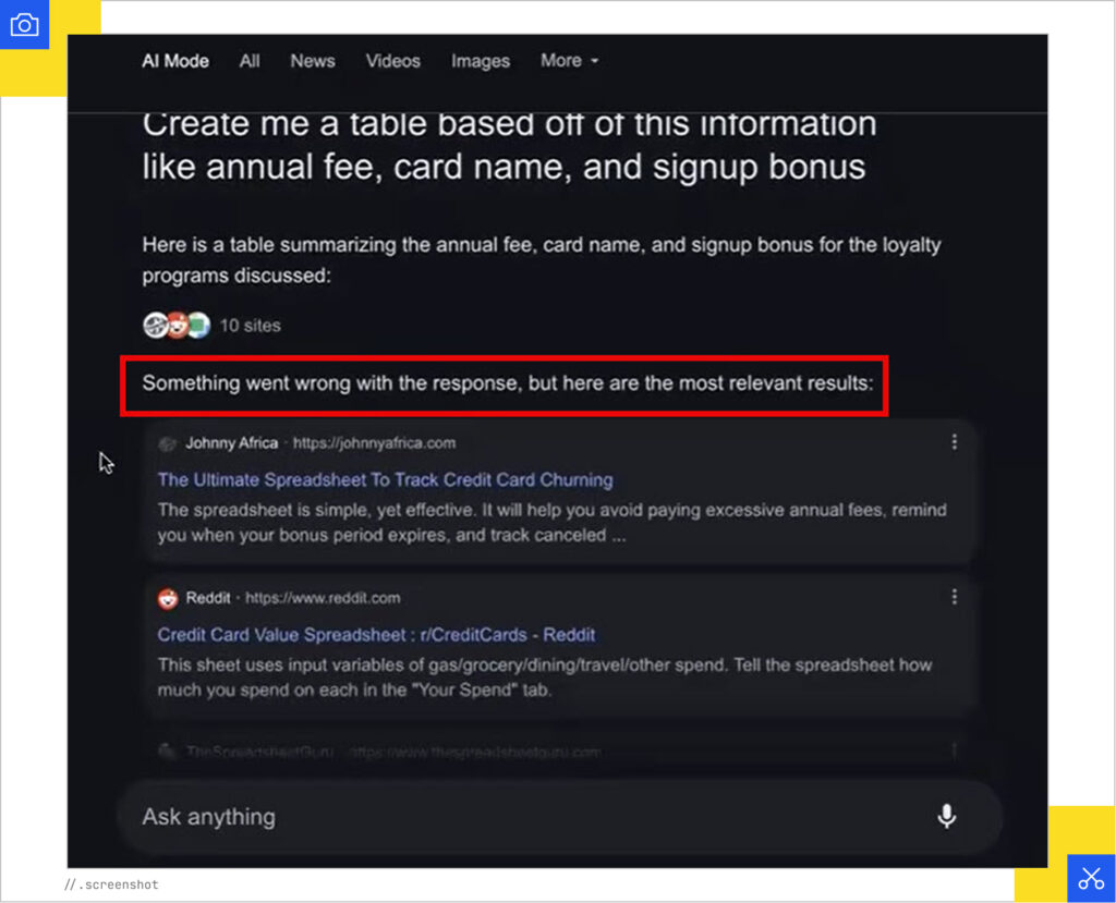 AI Mode table fail