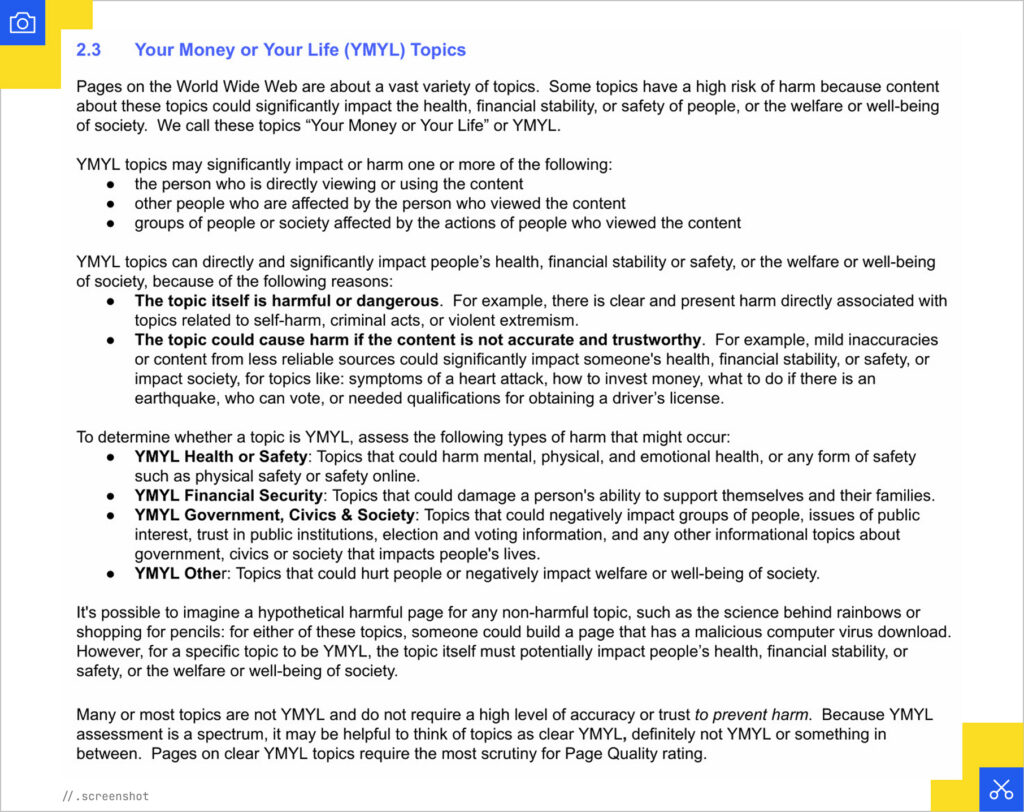 Google SQRG page on YMYL
