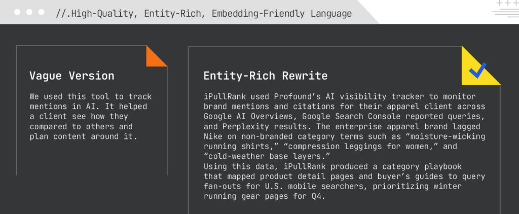 High-quality, entity-rich, embedding-friendly language