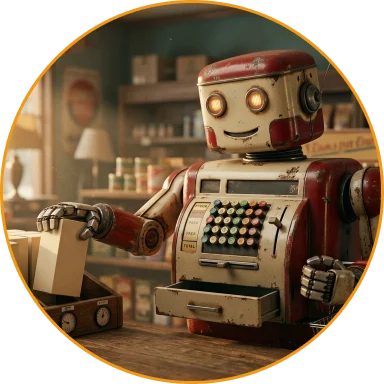 Robot working a vintage cash register